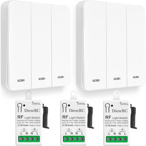 Interruptor de luz inalámbrico, interruptor transmisor RF para panel de pared tipo 86 y controlador-receptor de relé de 10 A, para luces de hasta 1500 W. (1/5)