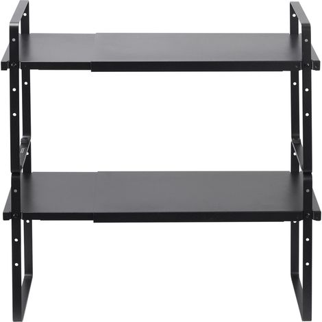 Verstellbares, zweistufiges Küchenregal, ausziehbar und stapelbar, für Schrank, Arbeitsplatte, Speisekammer, Badezimmer und Büro. Schwarz. (1/5)