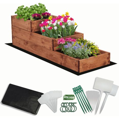 MODO24 Carré potager surélevé en bois, 3 niveaux en cascade, 27x30x93 cm, jardin/terrasse, kit jardinier inclus, brun imprégné