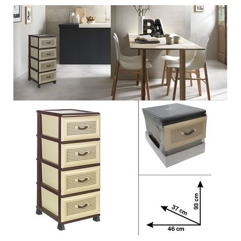 Cassettiera Organizzatore da Ufficio Bagno Canestrata 4 Cassetti Beige Marrone (1/2)