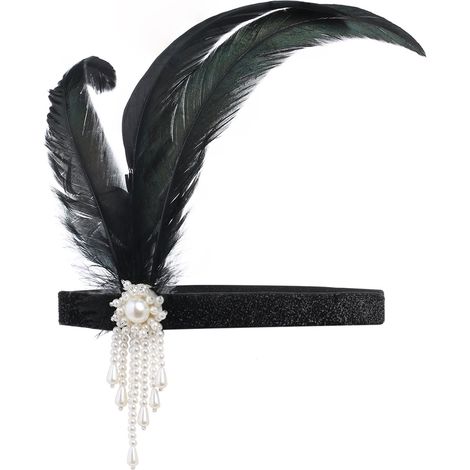 Headband Plume Années 1920 - Accessoire Cheveux Rétro Noir - Pour Fête Costume Halloween Mariage Bal - 1 Pièce (1/5)