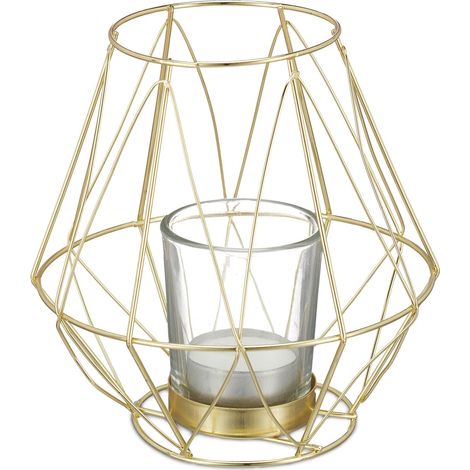 Relaxdays Portavelas Rejilla, Diseño Geométrico, Soporte Velas, Vaso Cristal, Metálico, Decoración Mesa, 14x14cm, Dorado
