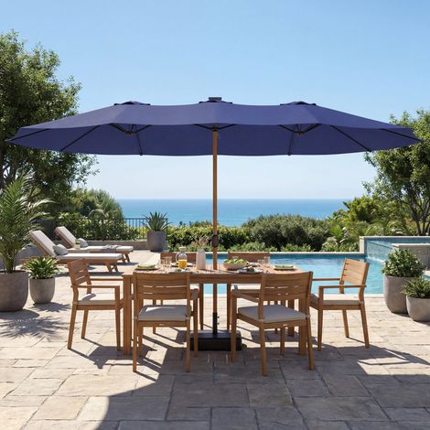 Double parasol 12 lattes manivelle base transversale sacs sable 4,7x2,8m, bleu foncé (1/4)