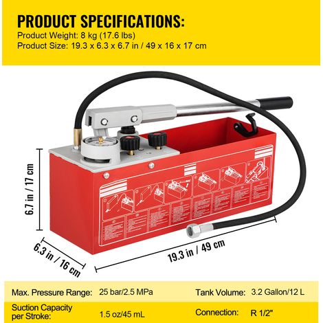Mophorn Hydrostatische Druckprüfpumpe, 25 bar/2,5 MPa, 3,2 Gallonen Tank, manueller Wasserdruckprüfer mit Zwei-Einheiten-Messgerät und R 1/2"-Anschluss (1/4)