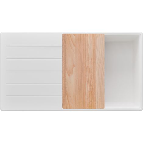 PRIMAGRAN Evier Cuisine en Granit 90x50cm,Lavabo 1 bac + Kit de Vidage + Planche à Découper, Évier à Encastrer au meuble 60cm - Copenhague, Blanc (1/5)