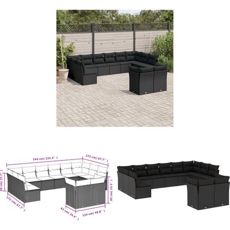 Salon de jardin 12 pcs avec coussins noir résine tressée - Salon De Jardin - Mobilier De Jardin - Salon Extérieur - Set De Salon - Résine Tressée - Home & Living (1/3)