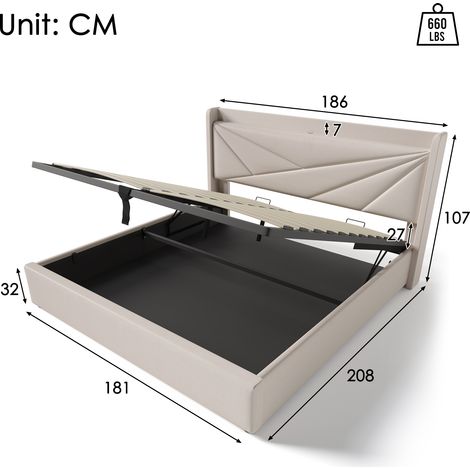 Lit rembourré double 180x200cm,boîte rangement,charge USB Type-C,tête de lit,cadre lin,base à lattes,lit jeunesse,sans matelas-Ha