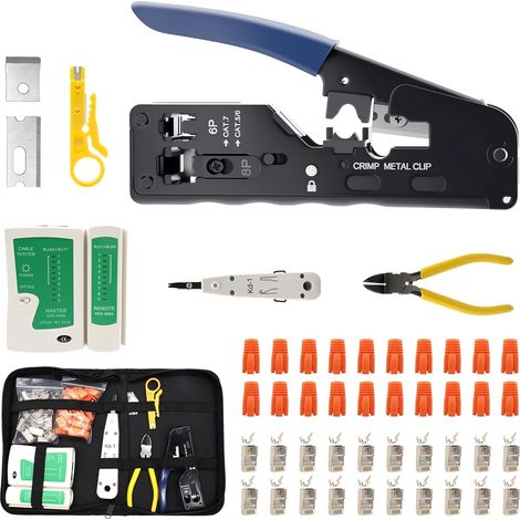 Outil de réseau, pince à sertir RJ45 avec 20 connecteurs RJ45 plaqués or Cat7/Cat6a Pass Through, testeur de réseau, pince à dénuder (1/5)