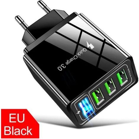 Chargeur - QC 3.0 - Noir - Charge rapide - Protection surintensité - Adaptateur USB Hub LED (1/4)