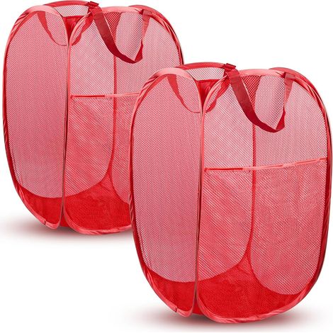Panier à linge pliable en filet pratique avec poches latérales - respirant, pliable et peu encombrant (Rouge Lot de 2) (1/5)