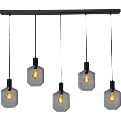 Lampe suspendue 5 lumières - noire - Porto avec des verres à fumée Jagger - 2711-05-05-130-5-11