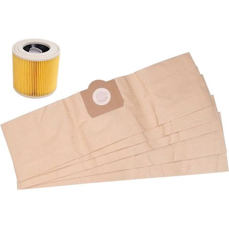 5 sacs à poussière et 1 filtre pour aspirateur KARCHER WD3 Premium WD 3.300 M WD 3.200 WD3.500 P 6.959-130 (marron et jaune)-AquaForge (1/4)
