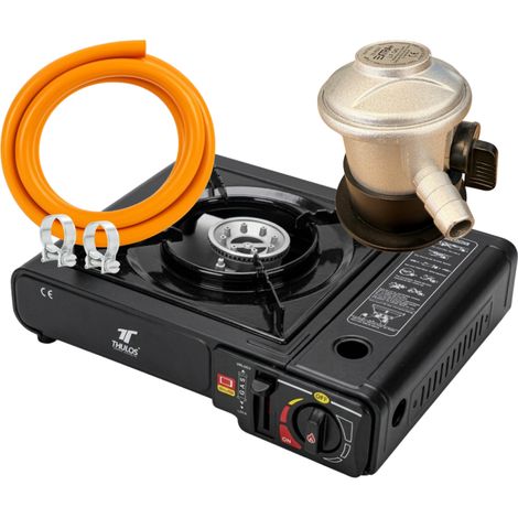 Pack Cocina Camping Gas DUAL  Incluye Regulador, Manguera y Abrazaderas  Compatible Cartucho B-250 y Botella Butano
