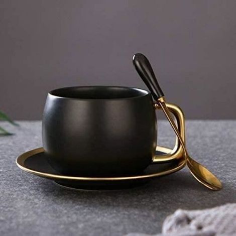 Tasse À Café - Céramique Noir Mat Avec Bordure Dorée - 300 ml - Pour Maison Bureau Café Restaurant - Lot De 2 (1/4)