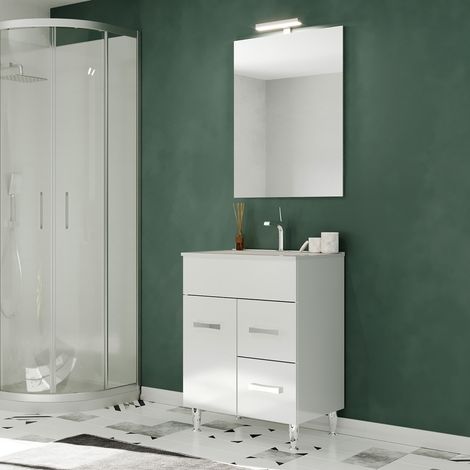 Saniverre – Meuble salle de bain sur pieds 60 cm avec vasque simple céramique encastrée – Miroir 60 x 80 cm inclus – Finition brillante MDF avec 1 porte et 2 tiroirs (1/5)