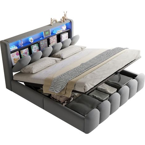 Lit capitonné 180 x 200 avec coffre hydraulique, tête de lit de rangement, ports USB-C et LED gris, revêtement velours – CHICFURN (1/5)