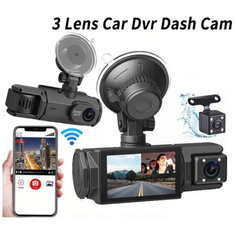 4K WiFi Dashcam Voiture Avant Arrière Intérieur, Carte SD 64G, 2160P+1080P+1080P FHD 3 Canaux Dash Cam,Camera Voiture Triple 360° Tous Côtés,G-Capteur,WDR,Vision Nocturne,24H Mode Parking (1/4)