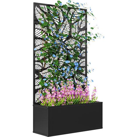 Pour jardiniers fixation murale possible jardinière avec treillis bac à fleurs brise-vue métal noir 61 x 23 x 113 cm (1/4)