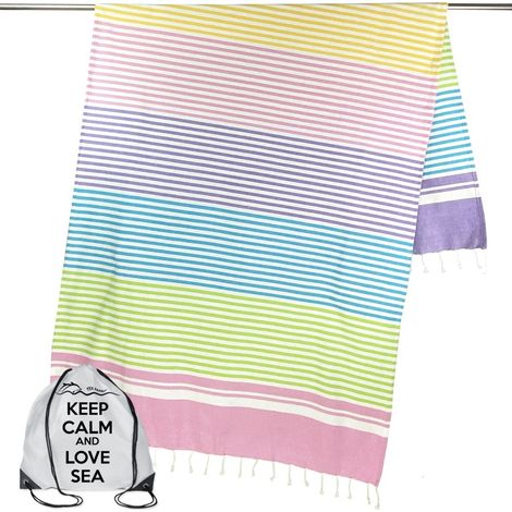 SERVIETTE DE PLAGE FOUTA RAYURES COLORÉES TAILLE GRANDE avec sac à dos Plage GARDER CALME CM.100X200