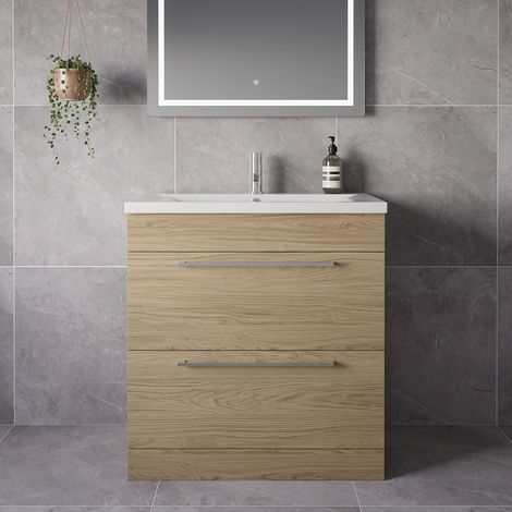 Napoli 460 Light Oak 800mm 2 Drawer Vanity Unit with Glide Basin - 800mm - Chrome 480mm Handle