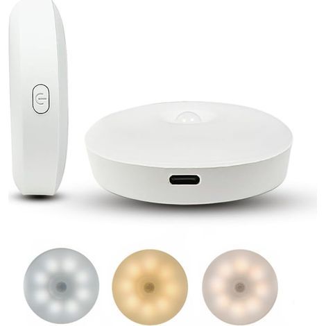 Lot de 2 lampes à détecteur de mouvement pour l'intérieur, veilleuses avec capteurs de lumière, trois couleurs, installation magnétique, rechargeable (1/5)