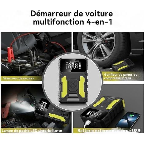 Démarreur portable avec compresseur modes LED charge rapide kit et sécurité pour voiture SUV diesel jusqu'à camping voyage et été (1/3)