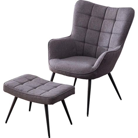 Vera Linen / Velvet Occasional Lounge Living Room Accent Chair Armchair Metal Legs Charcoal with Footstool