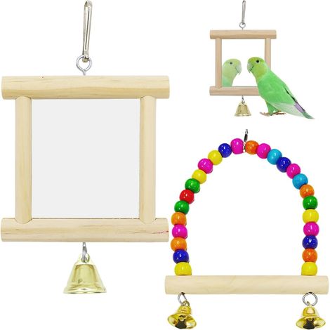 Jouet Oiseau - 1 Miroir Et 1 Balançoire - Bois Naturel - Interaction Et Équilibre - Pour Perroquets Et Volières - 10x10cm Et 12x13cm (1/5)