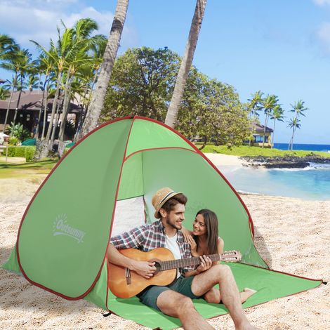 Tenda da spiaggia Outsunny, pieghevole, a montaggio rapido, con protezione UV automatica istantanea, finestra posteriore, ampio telo di base, colore verde e rosso.