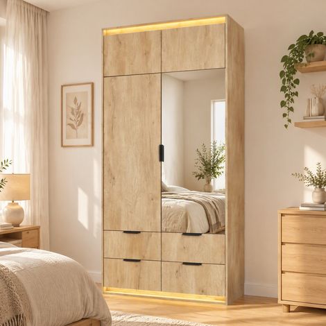 Armario de dormitorio con espejo y LED, vestidor de 2 puertas y 4 cajones con barra para colgar, estilo natural, para dormitorio, roble y antracita (1/5)