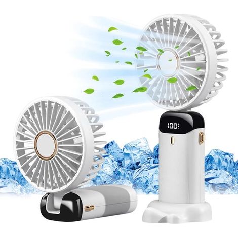 Ventilador portátil/de escritorio USB recargable con 5 velocidades y base, plegable, blanco. (1/5)