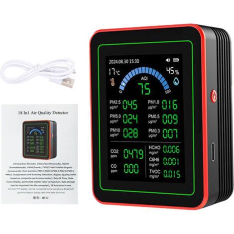 Moniteur de CO2, compteurs de qualité de l’air intérieur 18 en 1, détecteur portable de dioxyde de carbone, CO2 TVOC HCHO PM2.5 PM10 Testeur pour la maison et le bur