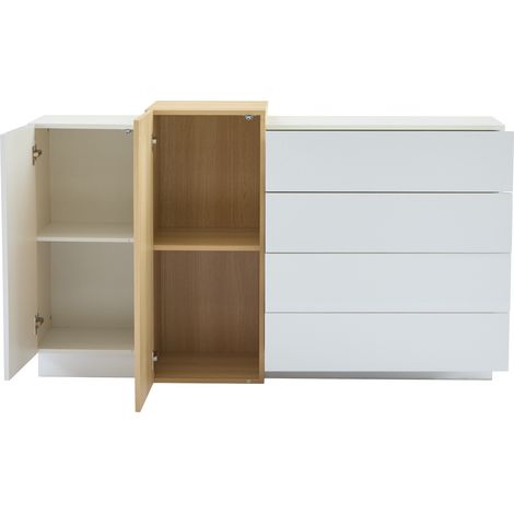 Credenza bianca lucida con 4 cassetti e 2 ante, struttura in MDF, design moderno senza maniglie (1/5)