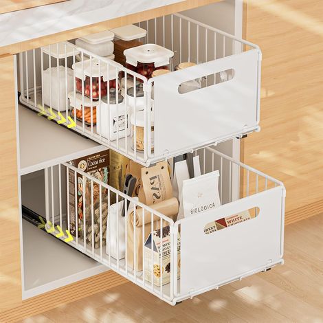 2 Pièce Tiroir Coulissant Cuisine Organiseurs de Tiroirs de Cuisine Organiseur D'armoire Coulissant Fixé Bac Coulissant Placard Aucun PerçAge ni Clouage Requis, 38x25x19 CM(Blanc)