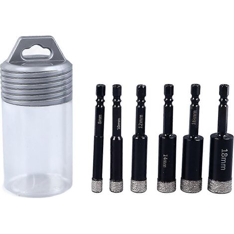 Coffret de 6 forets à sec diamantés (8, 10, 12, 14, 16, 18 mm) à queue hexagonale pour carrelage, marbre et béton.