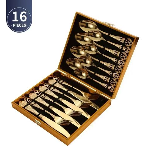 (Or, 16 pièces) Ensemble de couverts en acier inoxydable, cuillères et fourchettes de style royal européen, design vintage, compatible lave-vaisselle.