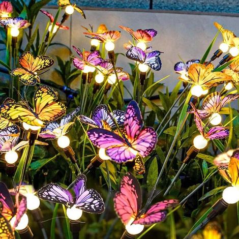 Lot de 2 lampes solaires papillon pour jardin, 12 tiges, colorées, décoratives pour jardin, terrasse et pelouse. (1/5)