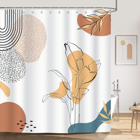 Rideau de douche bohème abstrait à motifs de feuilles, 180 x 180 cm, en polyester, anti-moisissure, imperméable et lavable, avec 12 crochets pour baignoire. (1/5)