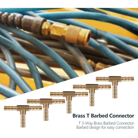 Lot de 5 raccords en laiton en T à 3 voies, connecteurs cannelés pour tuyau air eau huile gaz carburant (6 mm) (1/5)