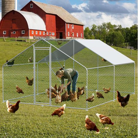 Enclos pour poules 3 x 4 x 2 m en métal avec bâche PE imperméable, porte à serrure de sécurité, grand parc extérieur pour volailles et petits animaux - CHICFURN (1/5)
