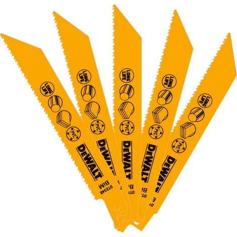 Lame de scie sabre DeWALT, 10-14 dents par pouce, Longueur de coupe 152mm, pour Métal, Bois, X 5 ( Prix pour 1 Jeu )