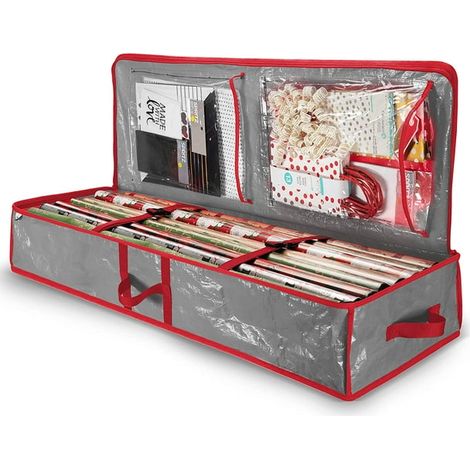 Boîte de rangement sous lit pour papier cadeau, 40 cm, avec poches intérieures, compatible 18-24 rouleaux standards, tissu déchirure résistante, organisateur d'accessoires de fête, rangement pour emba (1/5)