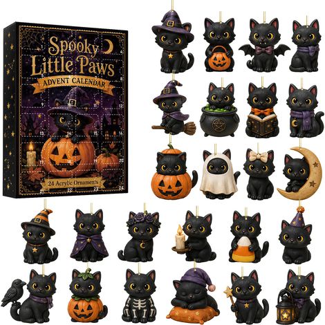 Adventskalender 2026 – 24-teilig – schwarz-mehrfarbig – Acryl – 8 cm flache Hängeornamente – Halloween-Katzenmotiv – Hängedekoration – geeignet für Halloween-Partys und als Innendekoration (1/5)