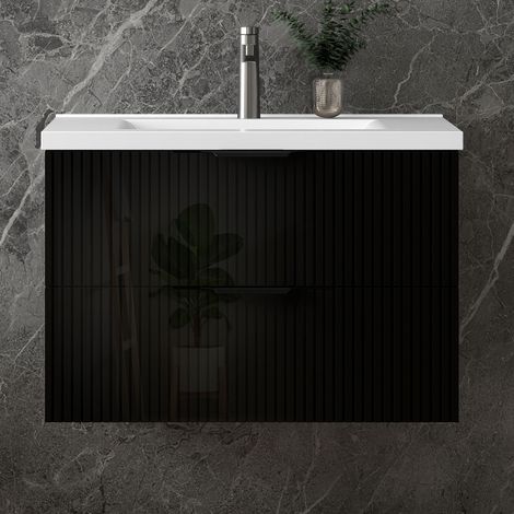 Unterschrank mit Waschbecken Waschbeckenunterschrank Badmöbel Waschtisch Badezimmerschrank, hochglanz Schwarz Holz, Sanfter Schluss, 50x37x52cm, TYP A-Keramik Waschbecken (1/5)