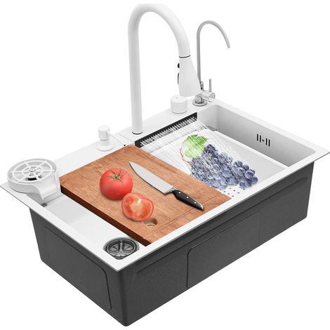 Weiße Einbau-Küchenspüle mit einem Becken (68 x 46 cm) und multifunktionaler Spüle für die Bartheke, Arbeitsspüle mit ausziehbarem Auslauf und Zubehörset (1/5)