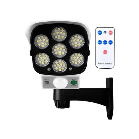 JSSEVN - Cámara de seguridad y antirrobo FIN con panel solar, sensor de movimiento y control remoto. Resistente al agua, con luz roja intermitente y foco LED de 77 LED. (1/5)