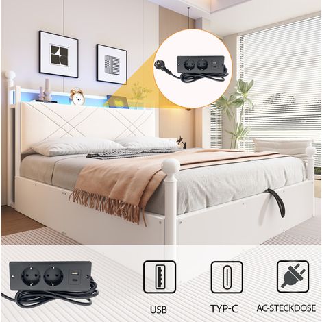 Bett 140x190 cm aus Metall in Weiß, mit Himmelgestell, hydraulischem Bettkasten, LED und USB/Type-C