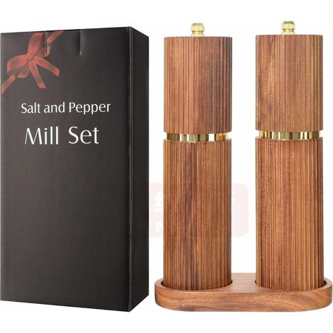 Filiyano-Grand moulin à sel et à poivre en bois, lot de 2 moulins en céramique réglables, moulin à poivre, moulin à sel et à poivre en bois d'acacia (1/5)