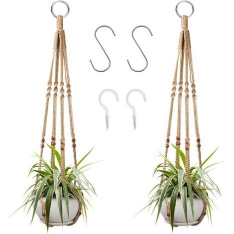 Suspension pour plantes d'intérieur en corde de coton et chanvre, 98 cm, avec perles en bois, pour décoration intérieure, sans crochets, 2 paires