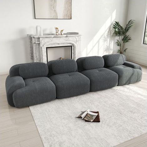Canapé Droit 388x103x75cm Velours Côtelé Gris - Canapé Modulable - 4 Places Sans Montage Mousse 32D Ergonomique Antidérapant (1/5)